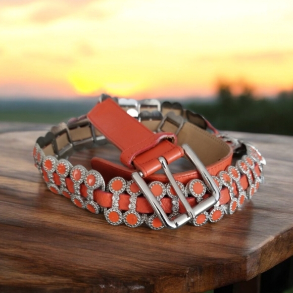 Vintage Rare Berge Orange Genuine Italian Leather And Metal Belt